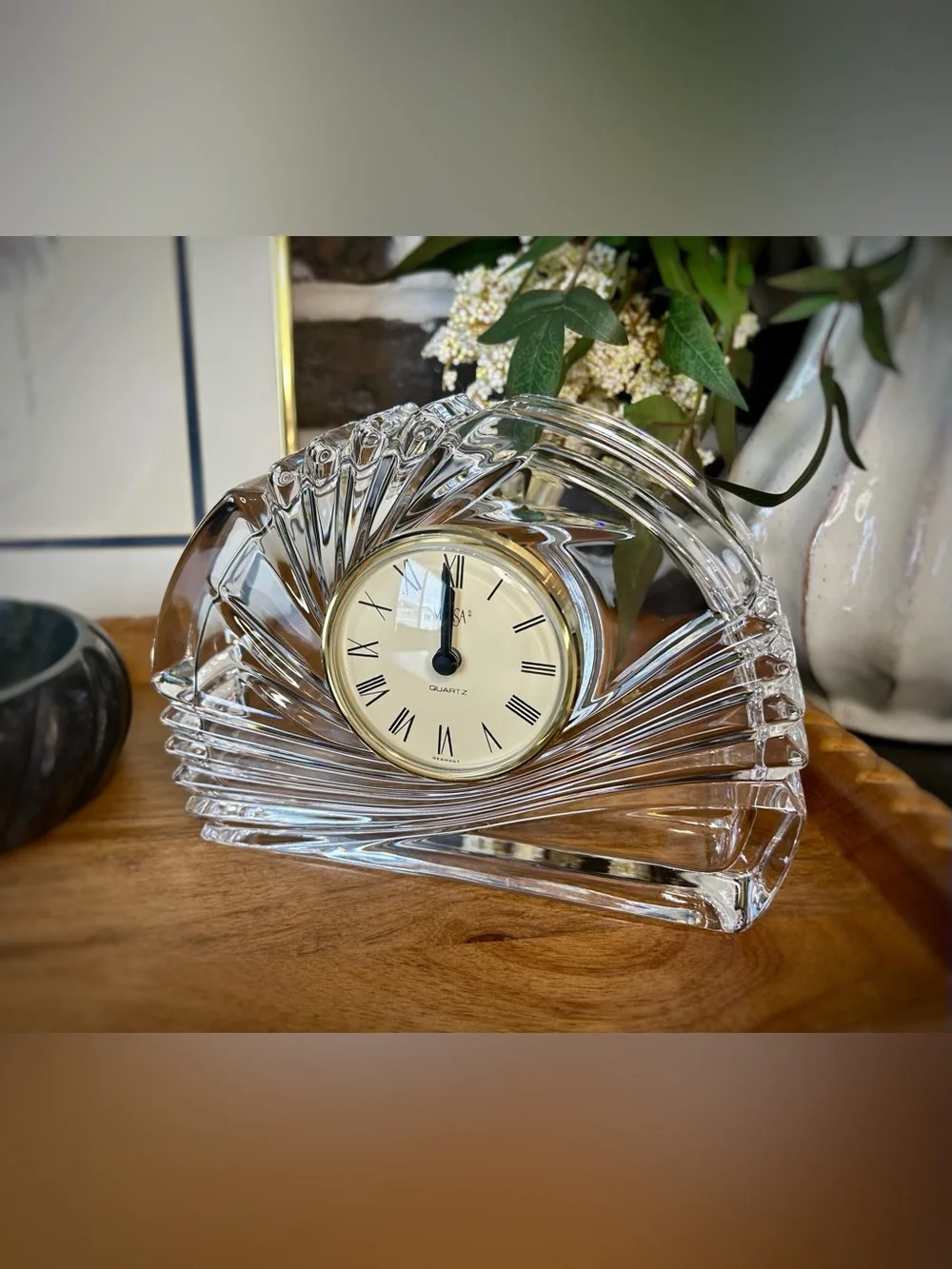 Mikasa Crystal Art Deco Fan Clock | Heavy German Quartz Desk Decor